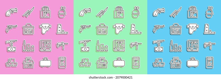 Set Line Shop Weapon In Mobile App, Submachine Gun M3, Gun Magazine And Bullets, Buying Pistol, Military Ammunition Box, Revolver, Small Revolver And Holster Icon. Vector