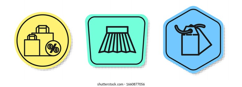 Set line Shoping bag with discount, Skirt and Blank label template price tag. Colored shapes. Vector