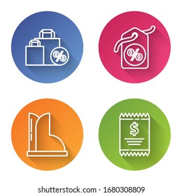 Set line Shoping bag with discount, Discount percent tag, Waterproof rubber boot and Paper check and financial check. Color circle button. Vector