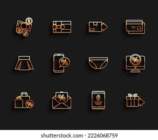 Set line Shoping bag with discount, Envelope an interest, Money cash and coin, Paper check financial check, Gift box, Percent phone, monitor and Underwear icon. Vector