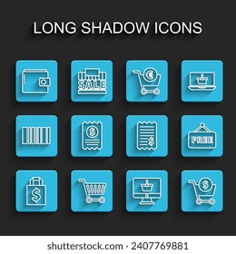 Set line Shoping bag and dollar, Shopping cart, Wallet, Monitor with shopping basket, Paper check financial check, Price tag text Free and  icon. Vector