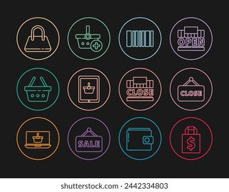 Set line Shoping bag and dollar, Hanging sign with Closed, Barcode, Shopping basket on tablet, Handbag, building text closed and Add to icon. Vector