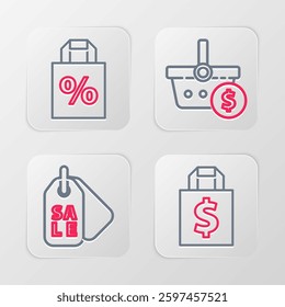 Set line Shoping bag and dollar, Price tag with Sale, Shopping basket and percent discount icon. Vector