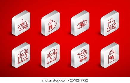 Línea Bolsa de compras con descuento por porcentaje, Venta de etiquetas de precio, Descuento, Máquina registradora de efectivo, Marca de verificación de carro de compras, Eliminar cesta de compras, edificio o tienda de mercado e icono. Vector