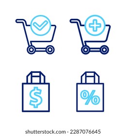 Set line Shoping bag with percent discount, and dollar, Add to Shopping cart and check mark icon. Vector