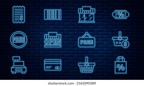 Set line Shoping bag with percent discount, Shopping basket and dollar, building or market store, open, Price tag Free, Paper check financial check, text and Barcode icon. Vector