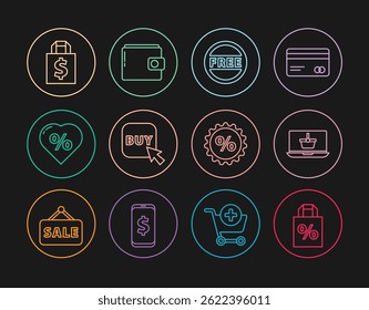 Set line Shoping bag with percent discount, Shopping basket on laptop, Price tag Free, Buy button, Discount heart, and dollar,  and Wallet icon. Vector
