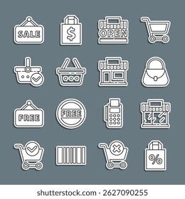 Set line Shoping bag with percent discount, Shopping building or market store, Handbag, open, basket, check, Hanging sign Sale and  icon. Vector