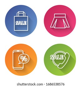 Set line Shoping bag with Sale, Skirt, Percent discount and phone and Telephone 24 hours support. Color circle button. Vector