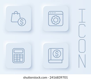 Fijar la línea de la bolsa de compra y el dólar, la configuración del navegador, la Calculadora y el libro financiero. Botón cuadrado blanco. Vector