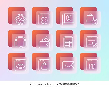 Set line shopping bag and dollar, Online on screen, Calculator, Mail e-mail, Wallet with money, Financial book, Discount percent tag and Browser setting icon. Vector