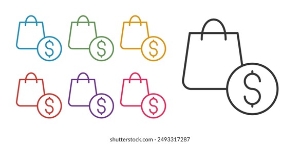 Set line Shopping bag and dollar icon isolated on white background. Handbag sign. Woman bag icon. Female handbag sign. Set icons colorful. Vector