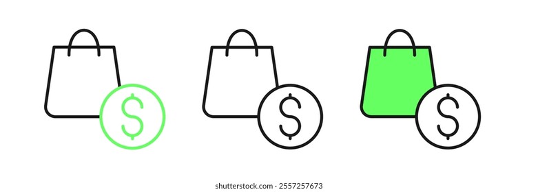 Set line Shopping bag and dollar icon isolated on white background. Handbag sign. Woman bag icon. Female handbag sign.  Vector