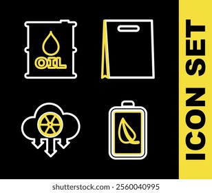 Set line Shopping bag, Eco nature leaf and battery, Acid rain radioactive cloud and Oil barrel icon. Vector