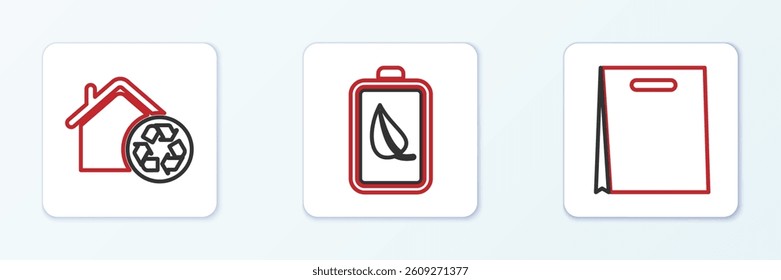 Set line Shopping bag, Eco House with recycling and nature leaf and battery icon. Vector