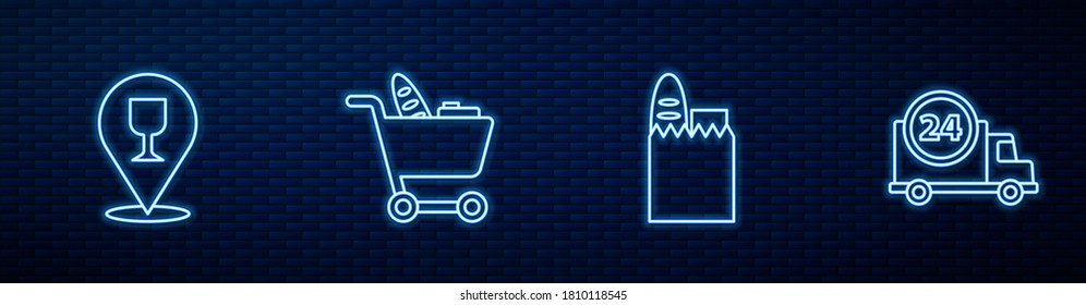 Set line Shopping bag and food, Alcohol or beer bar location, cart and Fast delivery by. Glowing neon icon on brick wall. Vector