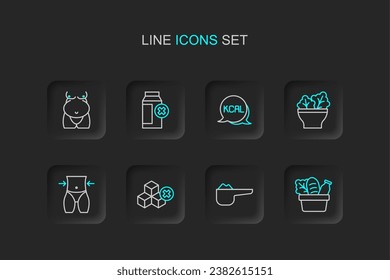 Set line Shopping bag and food, Sports nutrition proteine, No sugar free, Women waist, Salad bowl, Kcal, Lactose intolerance and Obesity icon. Vector