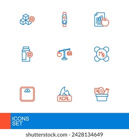 Set line Shopping bag and food, Kcal, Bathroom scales, Magnesium, Lactose intolerance, Calorie calculator, Diet plan and Smart watch with heart icon. Vector