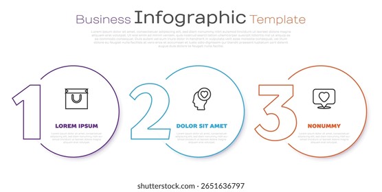 Set line Bolsa de compras, Cabeza con corazón y Gusta y. Plantilla de infografía de negocios. Vector