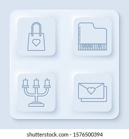 Set line Shopping bag with heart, Grand piano, Candlestick and Envelope with Valentine heart. White square button. Vector