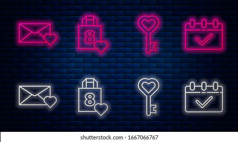 Set line Shopping bag with heart, Key in heart shape, Envelope with 8 March and Calendar with 8 March. Glowing neon icon on brick wall. Vector