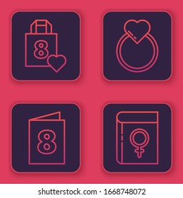 Set line Shopping bag with heart, Greeting card with 8 March, Wedding rings and Book about women. Blue square button. Vector