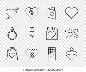 Set line Shopping bag with heart, Bottle love potion, Valentines day flyer, Broken, Amour and arrow, Flower rose, Chocolate bar and Heart icon. Vector