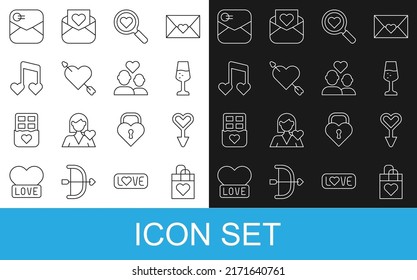 Set line Shopping bag with heart, Female gender symbol, Glass of champagne, Search and love, Amour arrow, Music note, tone hearts, Envelope Valentine and Lover couple icon. Vector