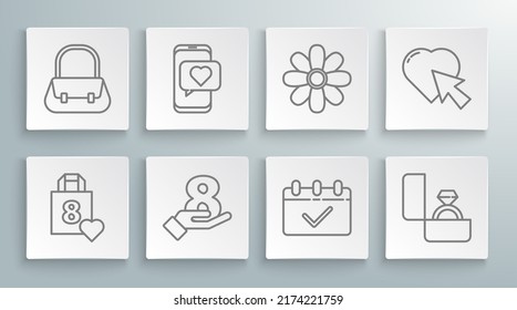 Set line Shopping bag with heart, Online dating app and chat, 8 March on hand, Calendar, Diamond engagement ring, Flower, Heart cursor click and Handbag icon. Vector