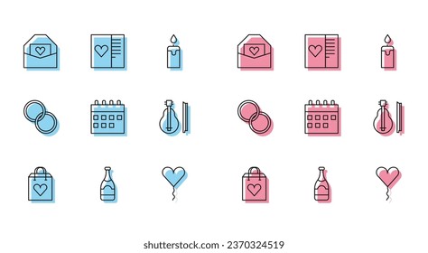 Set line Shopping bag with heart, Champagne bottle, Envelope Valentine, Balloon form of, Calendar, Violin, Wedding rings and Postcard icon. Vector