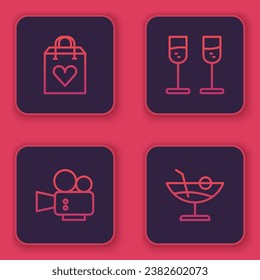 Set line Shopping bag with heart, Cinema camera, Glass of champagne and Cocktail. Blue square button. Vector