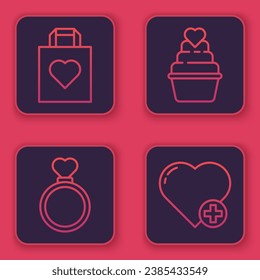 Set line Shopping bag with heart, Wedding rings, Wedding cake with heart and Heart. Blue square button. Vector