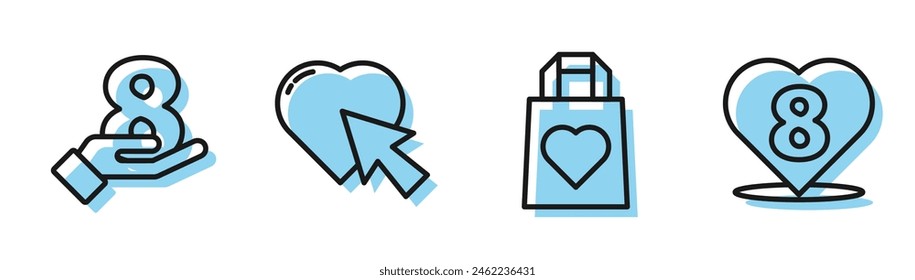 Set line Shopping bag with heart, 8 March on hand, Heart and cursor click and Heart with 8 March icon. Vector