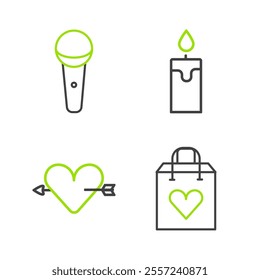 Set line Shopping bag with heart, Amour and arrow, Burning candle and Microphone icon. Vector