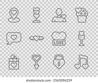 Set line Shopping bag with heart, Music note, tone hearts, Romantic man, Female gender symbol, Location, Heart wings, Castle the shape of and Glass champagne icon. Vector
