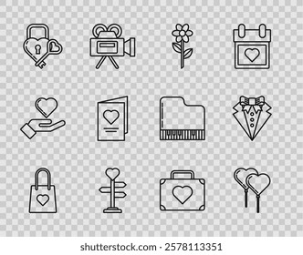 Set line Shopping bag with heart, Balloons form of ribbon, Flower, Signpost, Castle the shape and key, Valentines day party flyer, Suitcase travel and  icon. Vector