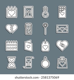 Set line Shopping bag with heart, Healed broken, Envelope Valentine, Heart shape light bulb, Mobile, Broken, Calendar and Lollipop icon. Vector