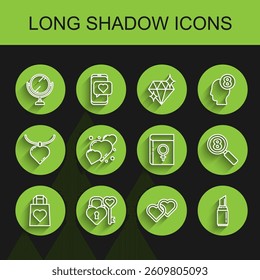 Set line Shopping bag with heart, Castle and key shape, Round makeup mirror, Two Linked Hearts, Lipstick, Search 8 March and Book about women icon. Vector