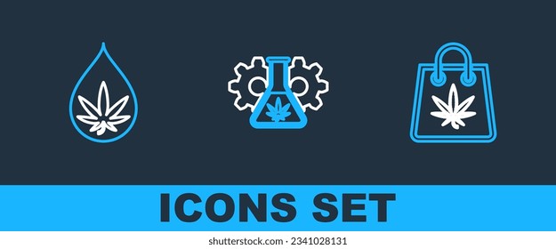 Set line Shopping bag of marijuana, Marijuana or cannabis leaf oil and Test tube with icon. Vector