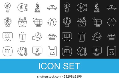 Set line Shopping bag with recycle, Solar energy panel, Garbage, Oil rig, Recycle bin, Leaf Eco symbol, Light bulb leaf and  icon. Vector