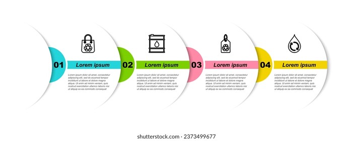 Set line Shopping bag with recycle, Oil barrel, Tag and Recycle clean aqua. Business infographic template. Vector