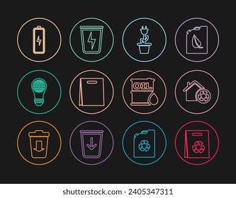 Set line Shopping bag with recycle, Eco House recycling, Electric saving plug pot, Light bulb world globe, Battery, Oil barrel and Lightning trash can icon. Vector