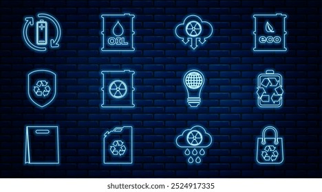 Set line Saco de compras com reciclar, bateria, chuva ácida e nuvem radioativa, barril de resíduos radioativos, Recycle inside shield, globo do mundo da lâmpada e ícone de óleo. Vetor