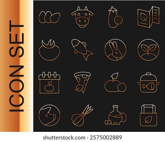 Set line Shopping bag with recycle, Cooking pot and chicken leg, Sprout, Eggplant, Fish, Tomato, Chicken egg and Rabbit icon. Vector