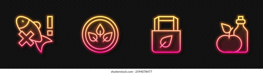 Set line Shopping bag with recycle, No fish, Vegan food diet and Apple cider vinegar bottle. Glowing neon icon. Vector