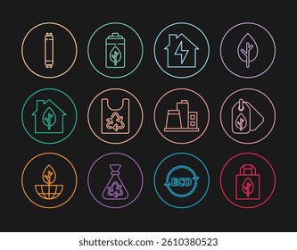 Set line Shopping bag with recycle, Tag leaf, House and lightning, Plastic, Eco friendly house, Fluorescent lamp, Factory and nature battery icon. Vector