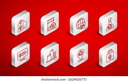 Set line Shopping bag with recycle, Radioactive waste barrel, Earth globe and leaf, Garbage, Recycle, Tag, Factory and Label for eco healthy food icon. Vector