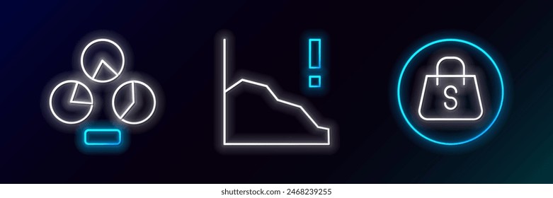 Set line Shopping bag with Sale, Pie chart infographic and Financial growth decrease icon. Glowing neon. Vector