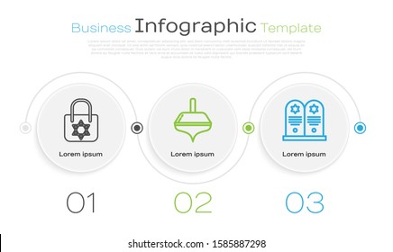 Set line Shopping bag with star of david, Hanukkah dreidel and Tombstone with star of david. Business infographic template. Vector