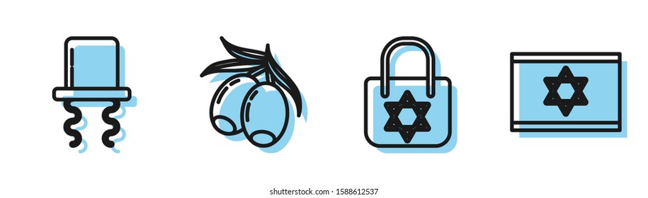 Set line Shopping bag with star of david, Orthodox jewish hat with sidelocks, Olives branch and Flag of Israel icon. Vector